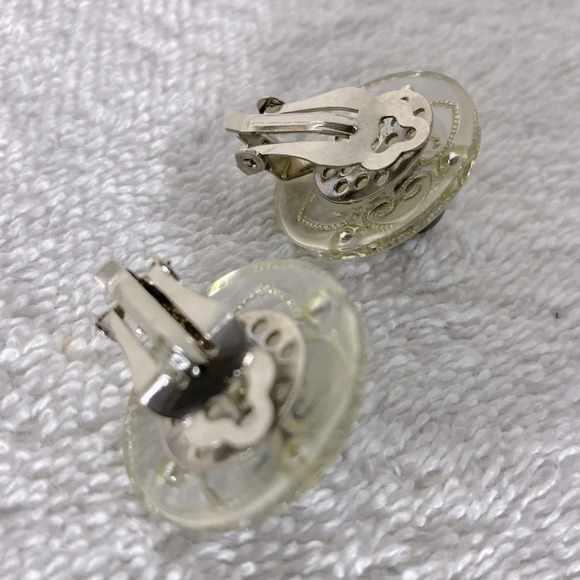 Vintage Clear  Plastic Grey Faux Pearl Round Clip On Earrings - Picture 7 of 10